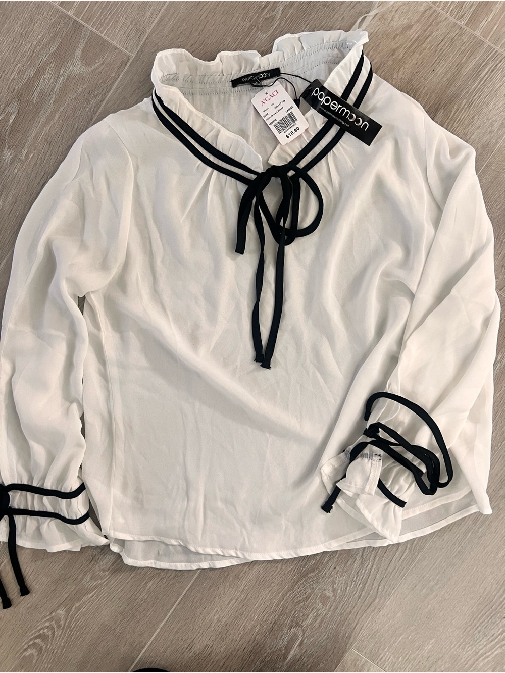 Agaci Papermoon White Blouse with Black Trim and Neck Tie